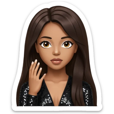 Aaliyah with long dark brown hair, black sequin outfit sticker