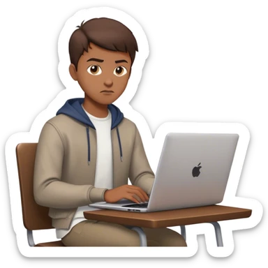 Emoji: A confident young man with short brown hair, focused while working on a sleek, modern laptop. He has a determined expression, wearing a casual but stylish outfit. The background is minimalistic, emphasizing productivity. sticker
