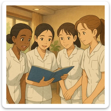 Group of four diverse nursing students inspired by photos, discussing a medical file, Ghibli style. White short-sleeve uniforms, V-neck, left chest pocket, no stethoscopes, bare forearms, long hair tied. Indoor scene, collaborative atmosphere. sticker