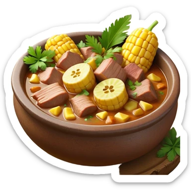 Cinematic Realistic Sancocho Antioqueño Emoji, depicting a hearty Colombian stew brimming with tender cuts of meat, yuca, plantains, corn on the cob, and potatoes in a rich, flavorful broth. Served in a rustic clay bowl with fresh cilantro and lime on the side, rendered with warm, inviting textures and homely, comforting lighting. sticker