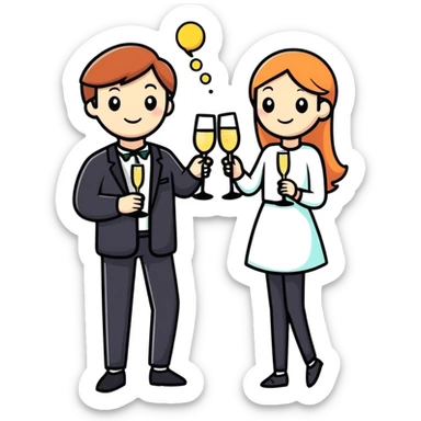 man and girl holding sparkling wine glasses, celebration, cartoon sticker style sticker