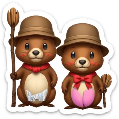 add a bow on the head of one beaver with another beaver without a bow on its head in a lodge of sticks and logs sticker