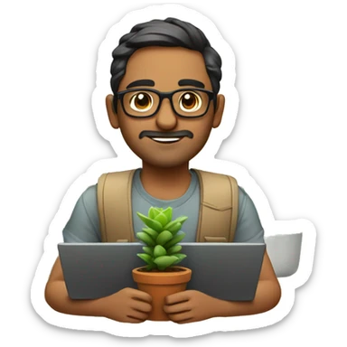 An indian developer with specs, laptops and succulent plants  sticker