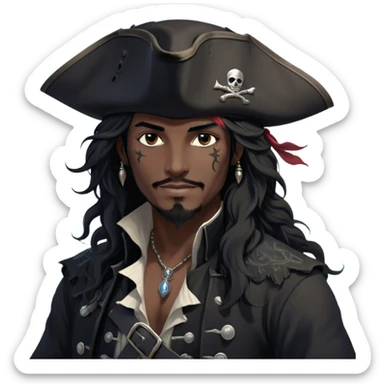 A charismatic pirate with wavy black hair that falls just past his shoulders, tousled slightly by the sea breeze. He wears a black tricorn hat with subtle silver embroidery along the edges, casting a shadow over his sharp, confident features. His piercing dark eyes glint with mischief as he gazes to the side, a knowing smile playing at his lips. His well-fitted black coat, adorned with polished silver buttons and intricate stitching, moves slightly with the wind, revealing glimpses of a deep-crimson waistcoat underneath. A silver chain dangles from his belt, catching the dim golden light of the setting sun. His posture is relaxed yet assured, exuding effortless charm as if he owns the sea itself. sticker