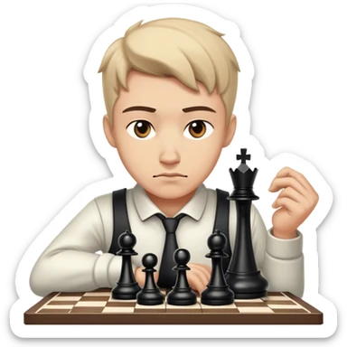 🔹 Un jugador de ajedrez que mira a su oponente con una expresión neutral, mientras en su mente ya tiene listo el movimiento que le dará la victoria. El rival está concentrado en una amenaza falsa y no ve el verdadero ataque que se acerca. sticker