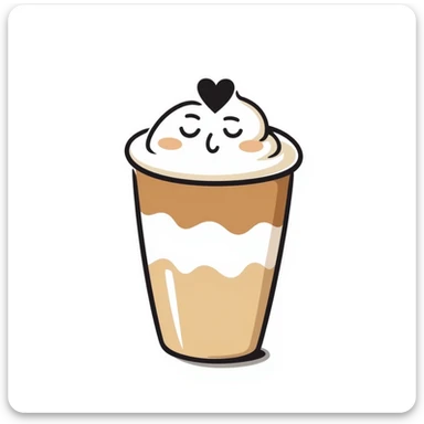 latte with heart foam and a cute face, caramel beige and coffee brown, dreamy hand-drawn Japanese style sticker