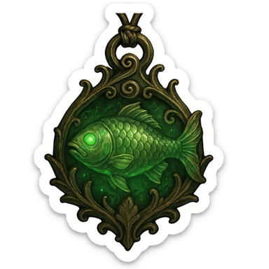 Elden Ring talisman, Green Fish, stylized as a magical amulet, glowing green accents, fantasy RPG style sticker
