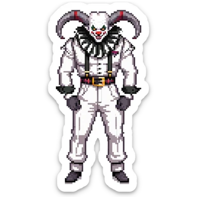 full-body muscular demonic clown in black and white leisure suit with bellbottom pants, bald, black ram horns, flashy black and white belt, ruffled white shirt, no neck tie, large fangs sticker