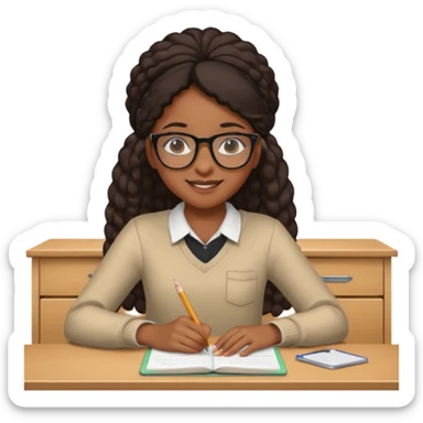 black girl emoji with glasses sitting at a school desk sticker
