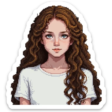 adolescent girl with long wavy hair, freckles, long eyelashes, white top sticker