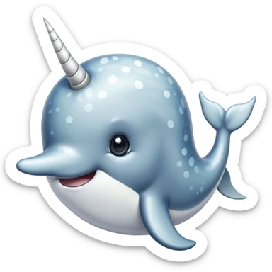 Cinematic Noble Cute Narwhal Portrait Emoji, Poised and graceful, with a streamlined, gently curved body clad in mottled, silvery-gray skin, accented by a long, spiraled ivory tusk and wide, expressive eyes radiating playful intelligence, Simplified yet sharp and sophisticated features, highly detailed, glowing with a cool, frosted ocean glow, high shine, intelligent and enigmatic, stylized with an air of whimsical marine majesty, focused and graceful, soft glowing outline, capturing the essence of a watchful and confident cute narwhal that appears ready to glide out of the screen with effortless charm! sticker