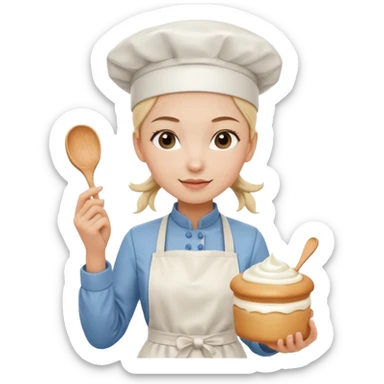 Young female pastry chef - single ponytail, apron, wearing a white hat, holding a cream bag sticker