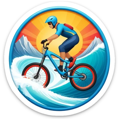 A bold, dynamic emblem combining elements of extreme sports like a mountain, a bike, surfing, ocean and a parachute, all within a circular or shield-like shape. The design conveys speed, adventure, with sharp lines and vibrant colors representing the thrill and intensity of extreme sports. sticker