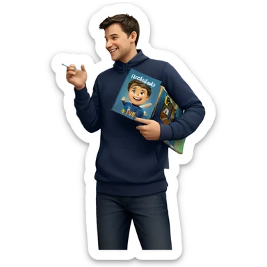 smiling boy with a book sticker