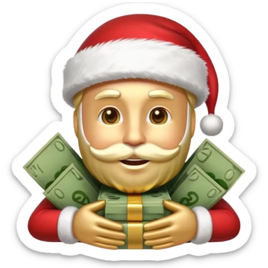 A confident rich emoji face wearing a Santa hat, money stacks, casino vibe, New Year theme, premium 3D emoji style, sharp details, no text, isolated on transparent background sticker