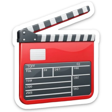 Glossy bright red clapperboard in the classic style of Apple icons: the top bar is tilted up-left, the body and bar with a deep glossy glare, dark gray edging, black background inside, perfectly square with rounded corners. sticker