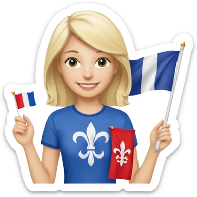 White woman with blonde hair holding a French flag in hand with a fleur-de-lily t-shirt sticker