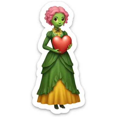 a green reptilian woman in Victorian orange and jellow dress, pink hair,holdig, red big hearth, full body sticker