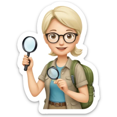 Happy woman hiker in her 40s with glasses and backpack, holding exactly one magnifying glass in one hand only sticker