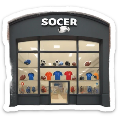“Soccer store exterior with bold signage, large windows showcasing football gear, jerseys, and accessories, and a dynamic, athletic design reflecting the energy of the sport.” sticker