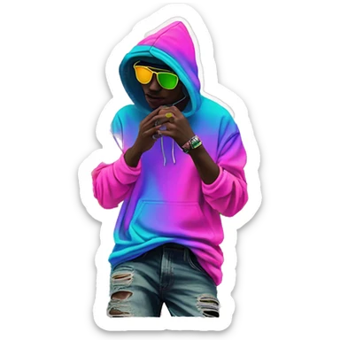 Hemp leaves Multicoloured neon person smoking wearing hoodie dancing hip hop bucket hat tropical Skater fashion aesthetic baggy clothes graphic t shirt 420 sticker