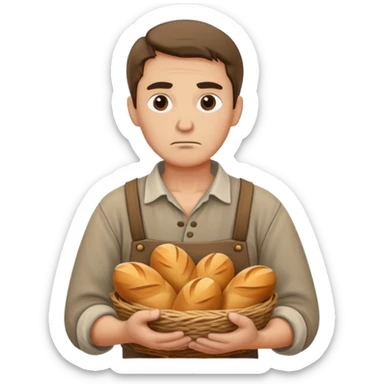 peasant in an old shirt photorealistic serious face with bread in hands sticker