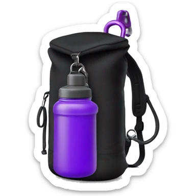 Gym backpack black and purple with a gym shaker attached to it with a small carabiner. Shaker is transparent sticker