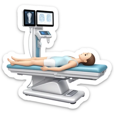 3D medical DEXA scan machine with patient lying on table, bone density measurement equipment sticker
