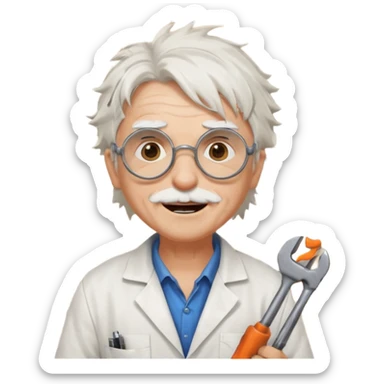 Portrait of an eccentric inventor with messy white hair, round goggles on forehead, wrinkled face with excited expression, wearing a slightly burnt lab coat, background of workshop with blueprints and tools sticker