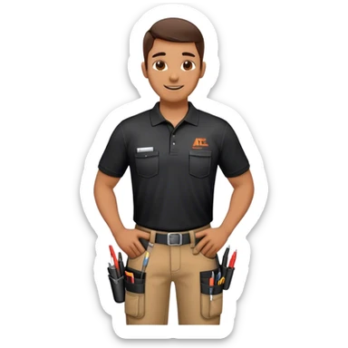 A skilled building technician with a friendly smile. He wears a black polo shirt with a company logo and dark work pants equipped with tool holsters. Holding a diagnostic tool and cables, he appears focused and professional, ready for maintenance or repair tasks. sticker