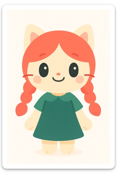 catgirl with vivid red twin braids, dark green dress, standing, friendly and whimsical, anime style sticker
