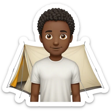dark skinned black man wearing a t shirt with short curly hair standing next to a tent looking at the tent with an evil smile on his face sticker