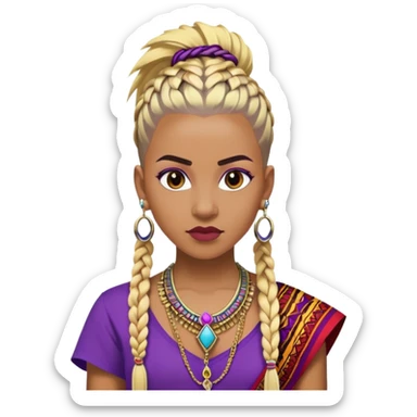 Brown skinned woman who is 5ft 6in with a blonde and black mohawk of individual braids, with shaved sides wearing a purple,  gold and red dashiki wearing royalty jewelry sticker