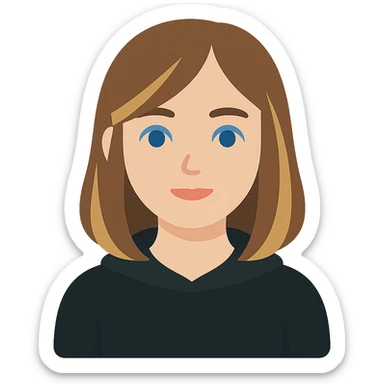 designer girl with blue eyes, shoulder-length brown hair with blonde highlights, wearing a black hoodie sticker