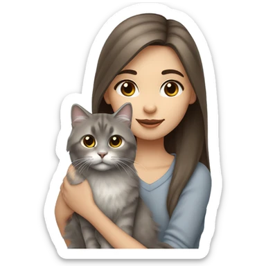 Brown straight hair girl with gray eyes holding fluffy Siberian gray cat  sticker