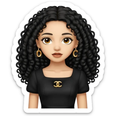 Light skin girl with black very long curly hair, brown eyes, black Chanel dress sticker