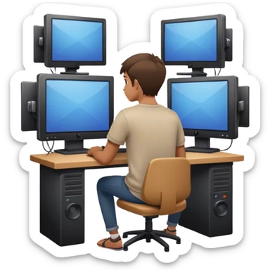 “A young man sitting with his back turned, surrounded by screens, editing a video.” sticker