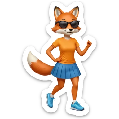 friendly anthropomorphised female fox in skirt and t-shirt, wearing dark sunglasses, jogging upright in standard pose sticker