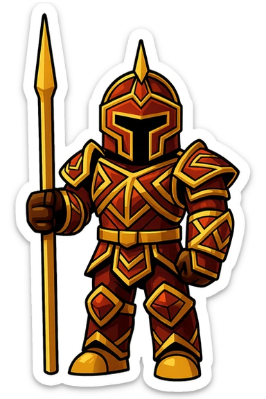 Extract only the character in gold and red armor with a staff (far right) from the image, place it on a transparent background, and keep the original Roblox style and appearance. sticker