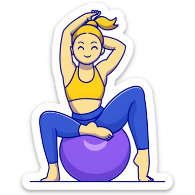 Yellow-skinned girl with high ponytail wearing blue sports bra and navy yoga pants doing yoga with a large exercise ball sticker