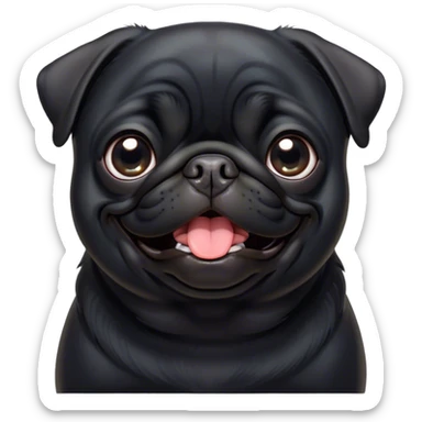 Cinematic Comical Black Pug Portrait Emoji, Head tilted dramatically with an exaggeratedly amused expression, featuring a sleek black coat with a glossy finish, wide, expressive dark eyes filled with playful disbelief, Simplified yet hilariously expressive features, highly detailed, glowing with a slightly sassy glow, high shine, dramatic yet playful, stylized with an air of cheeky mischief, bright and endearing, soft glowing outline, capturing the essence of a spirited and over-the-top companion, so meme-worthy it feels like it could side-eye its way into internet fame instantly! sticker
