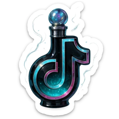 prabangus eliksyro buteliukas, TikTok logotipo forma, juoda ir žydra su rožiniais akcentais, sidabrinės ir holografinės detalės, daug magiškų efektų, labai mažas kaklelis, vientisas dugnas, skaidrus fonas, buteliukas plūduriuoja ore, be pagrindo ar šešėlio, modernus, kolekcijai tinkamas sticker