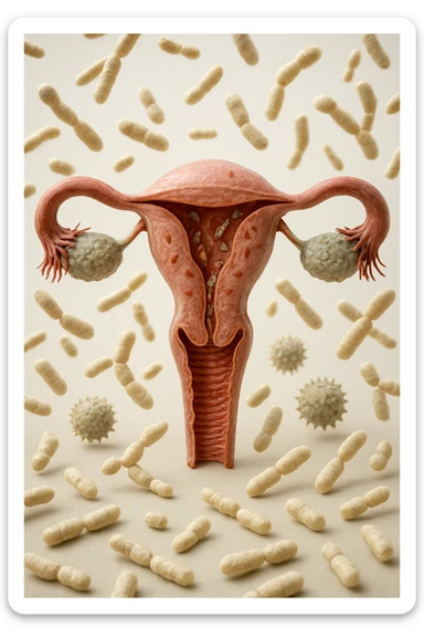 utero umano realistico con batteri della candida intorno, la foto si deve vedere per intero in formato verticale, sullo sfondo neutro chiaro ci sono batteri della candida, iperrealistico 4k sticker