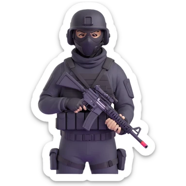 armed figure in all-black tactical gear, shiesty mask, helmet, holding a rifle sticker
