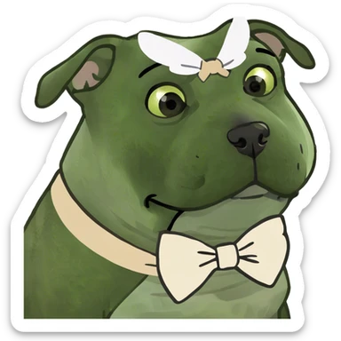 perrita bulldog blanca con manchas plomas y un lazo beige sticker