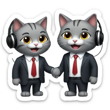 Two gray colored cats, wearing headphones, smiling, shaking hands in suits both wearing headphones.   sticker