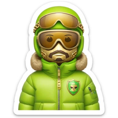 bearbrick wearing lime green balaclava with graffiti logos, futuristic shield visor sunglasses with single panoramic lens like ski goggles covering upper face, puffy fur jacket, gold chains sticker