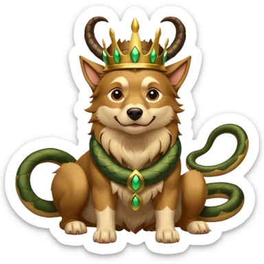 loki god of mischief as a dog. he as snakes. he wears a horned crown dynamic pose sticker