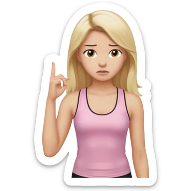 Create a young woman with long blonde hair, golden eyes, and medium-light skin tone, wearing a light pink tank top and leggings. She should be in portrait mode, but with a subtle doubting facial expression—slightly raised eyebrow, small frown, .  and her hand next to her chin like a thinker sticker