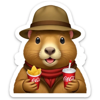 Capybara with a cool hat  eating Lays chips with coke sticker